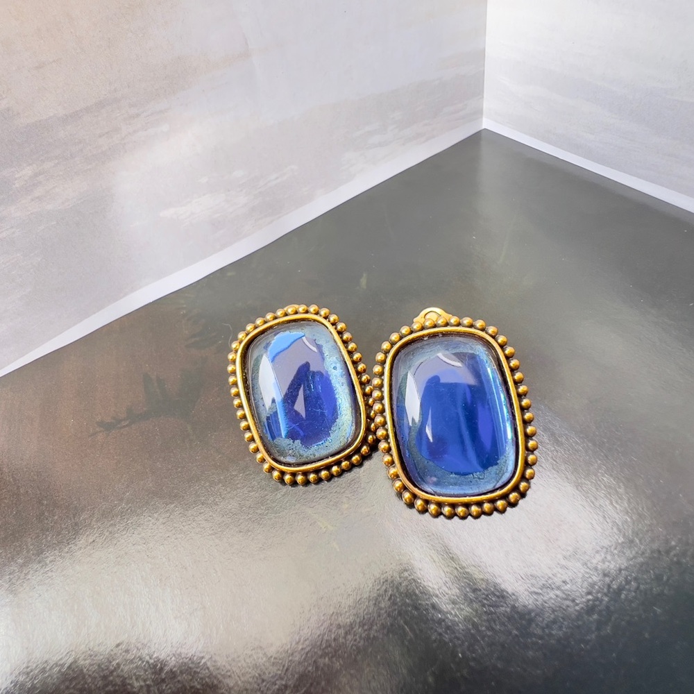 SOLD! Auth YSL Earrings • Authentic Yves Saint Laurent Blue Cabochon Clip Ons - Picture 2 of 9